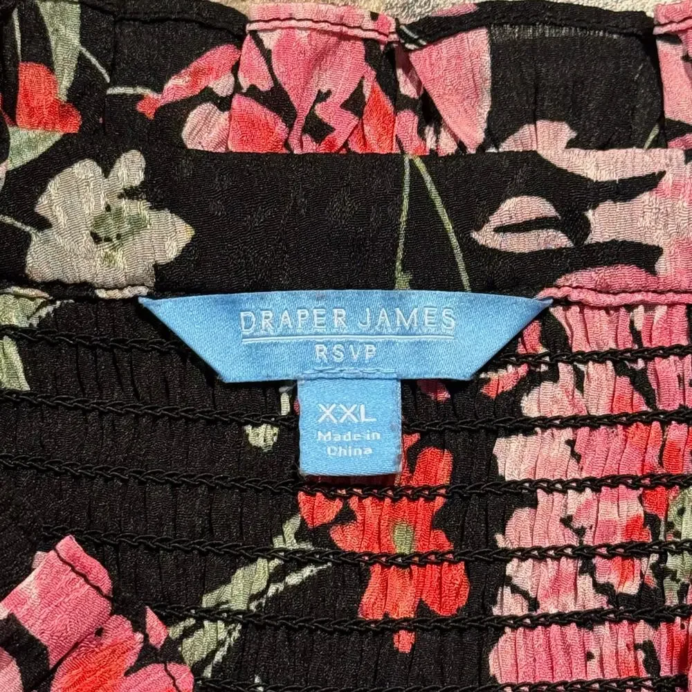 Draper James Sheer Floral Button Top Peasant Boho Cottagecore Romantic Black XL
